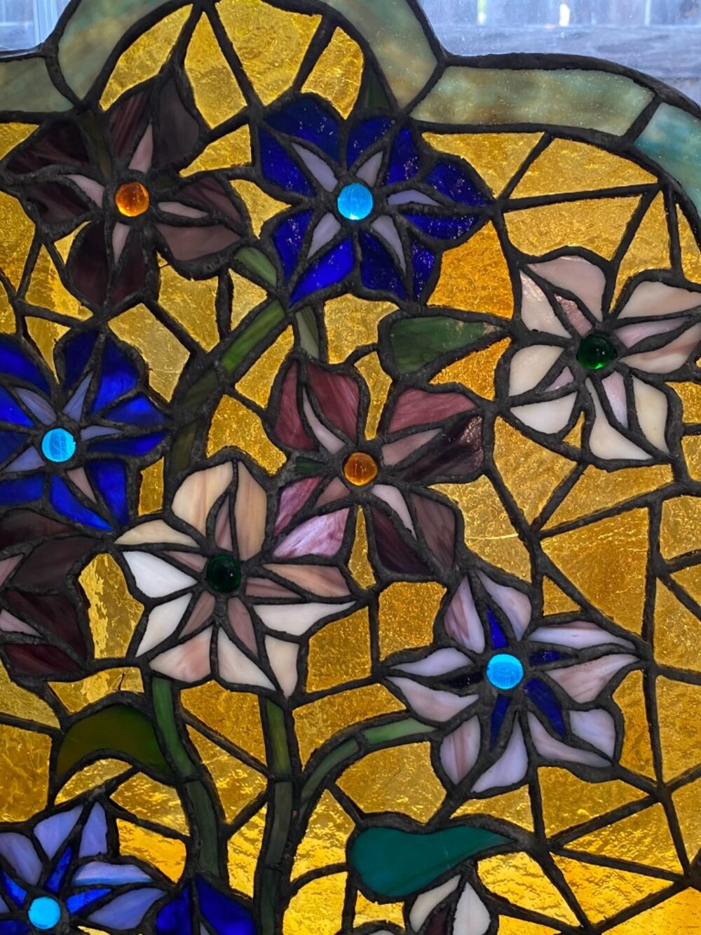 Antique Stained Glass Leaded Panel Victorian Salvage Mosaic Periwinkle Flowers - Picture 11 of 14